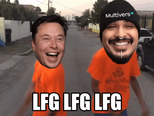 elon musk and a man wearing a beanie that says multivers
