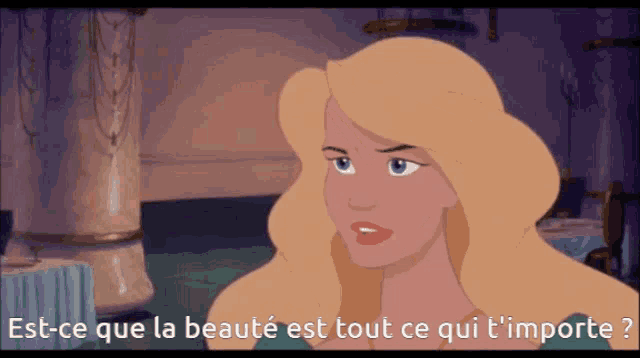 a cartoon of a blonde woman with the words " est-ce que la beaute est tout ce qui t'importe " below her