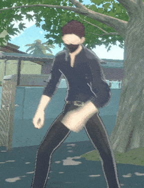 a man in a black shirt and black pants stands in front of a tree
