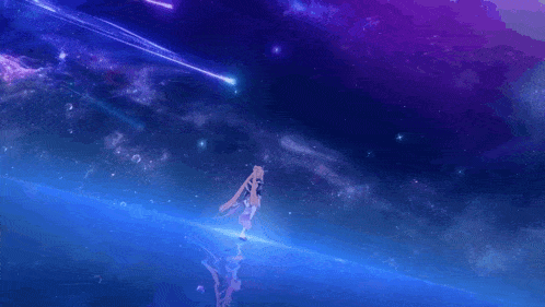 a girl is standing in the middle of a galaxy with a shooting star .