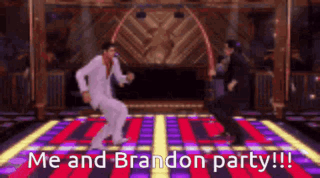 two men are dancing on a dance floor with the words me and brandon party written on the bottom .