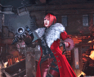 a woman in a red coat is holding a weapon and the words solidsmax are on the bottom right