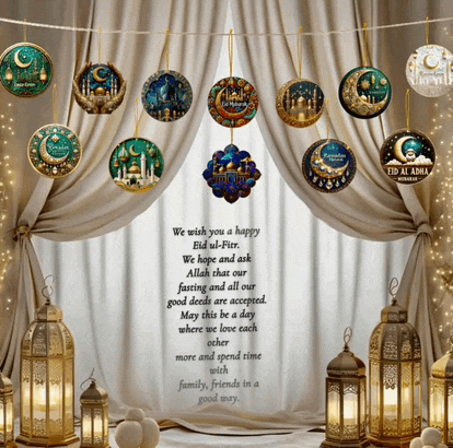 a display for eid al adha with lanterns and ornaments hanging from the ceiling