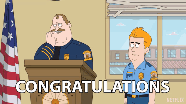 a cartoon of a police officer giving a speech with the words congratulations