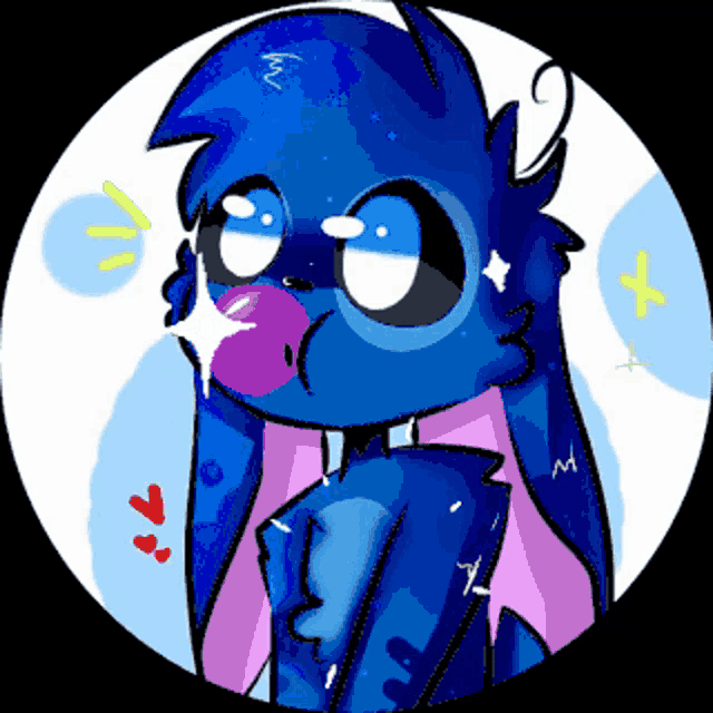 a cartoon drawing of a blue animal blowing a pink bubble