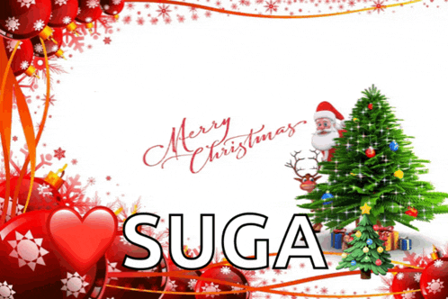 a merry christmas card with the name suga on the bottom