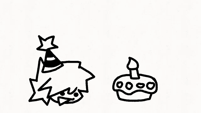 a drawing of a person wearing a party hat and a birthday cake with a candle .