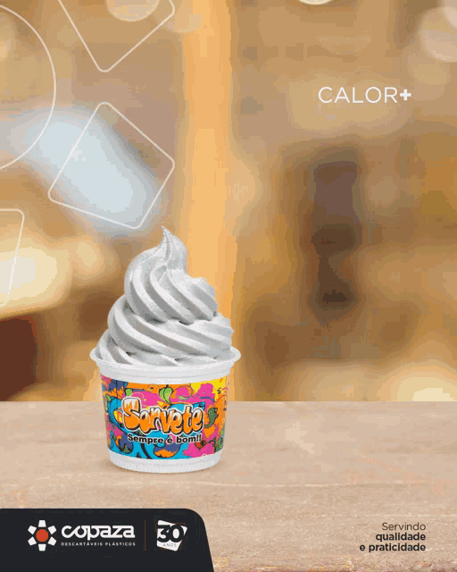 a cup of ice cream with a colorful label that says " sorvete "