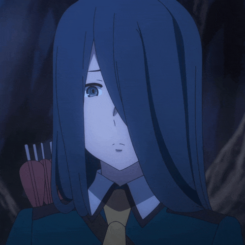 a close up of a person with long blue hair