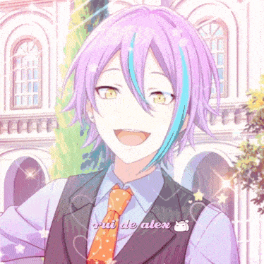 a purple haired anime character with rui de alex written below him