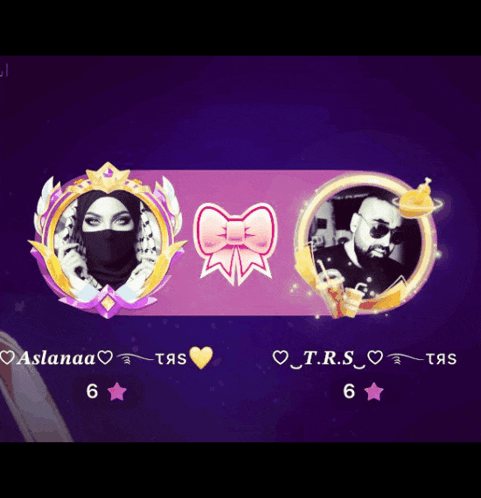 a woman and a man are displayed on a purple background with their names on the bottom