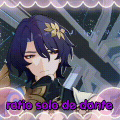a purple haired anime character with a flower in her hair and the words ratio solo de dante .
