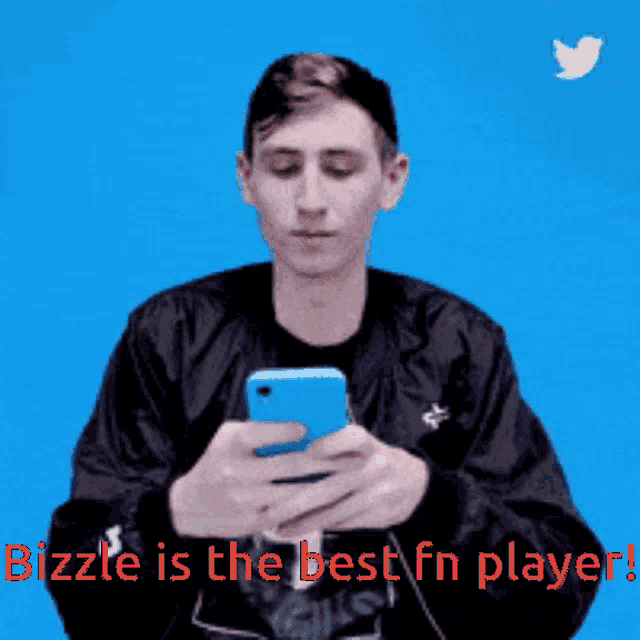 a man holding a cell phone with the words bizzle is the best fn player on the bottom