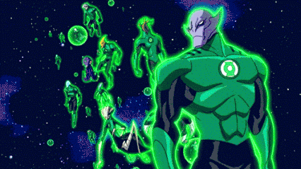 a green lantern is standing in front of a bunch of other green lanterns