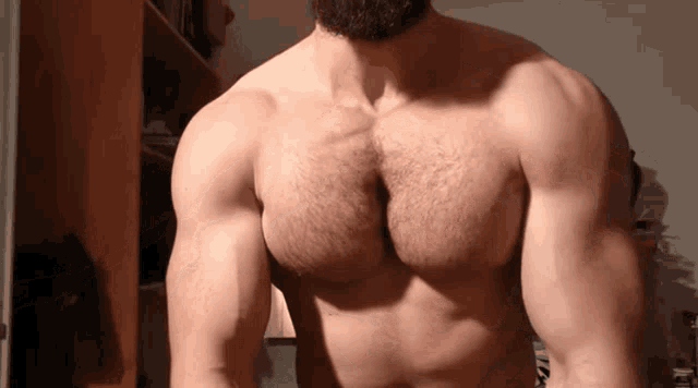 a shirtless man with a beard shows off his chest
