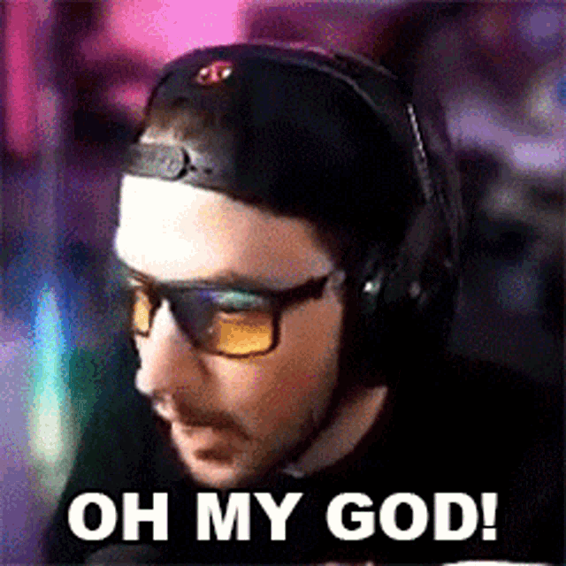 a man wearing headphones and sunglasses with the words oh my god on the bottom