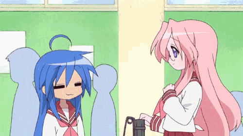 a blue haired girl and a pink haired girl are standing next to each other