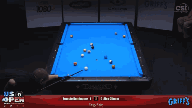 a pool table with griff 's written on the bottom right