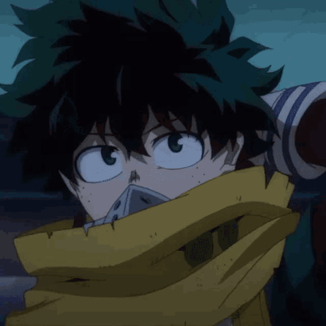 a close up of a cartoon character with a scarf around his face