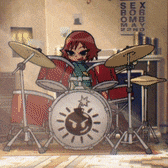 a cartoon girl is playing drums in front of a sign that says sex bomby