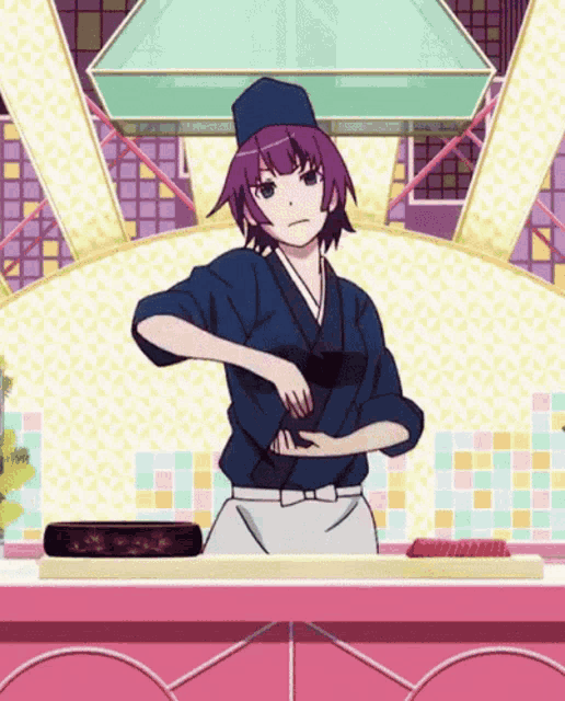 a girl with purple hair is standing in a kitchen