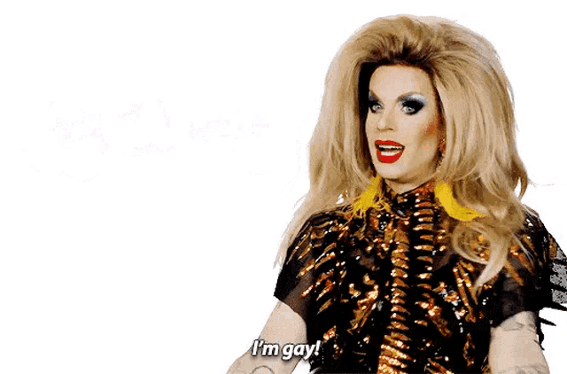 a drag queen says i 'm gay while wearing a gold and black outfit