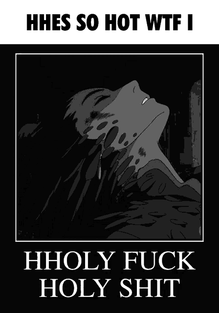a black and white drawing of a woman with the words " holy fuck holy shit " below it