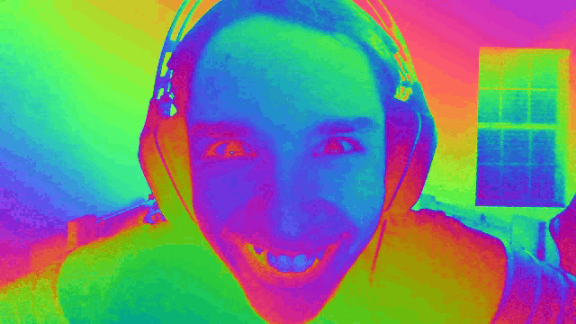 a girl wearing headphones is smiling in a colorful image