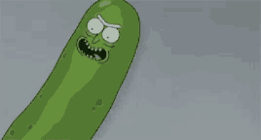 rick and morty pickle rick is a cartoon character that looks like a pickle with a surprised look on his face .