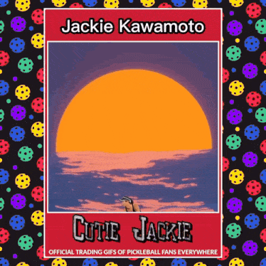a poster for jackie kawamoto with a picture of a sunset on it