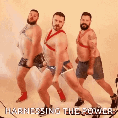 a group of men in harnesses are dancing in a room .