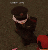 a cartoon character in a military uniform is talking to another cartoon character