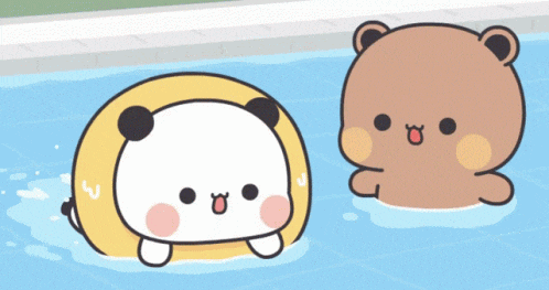 two cartoon bears are swimming in a pool and one is wearing a life preserver