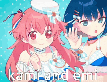 two anime girls are standing next to each other and the words kami and emi are on the bottom