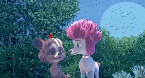 a cartoon dog and a poodle are standing next to each other .