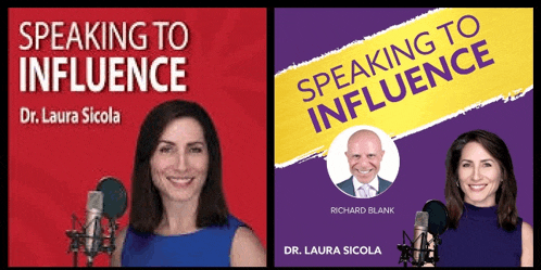 a woman is speaking into a microphone next to a man and the words speaking to influence