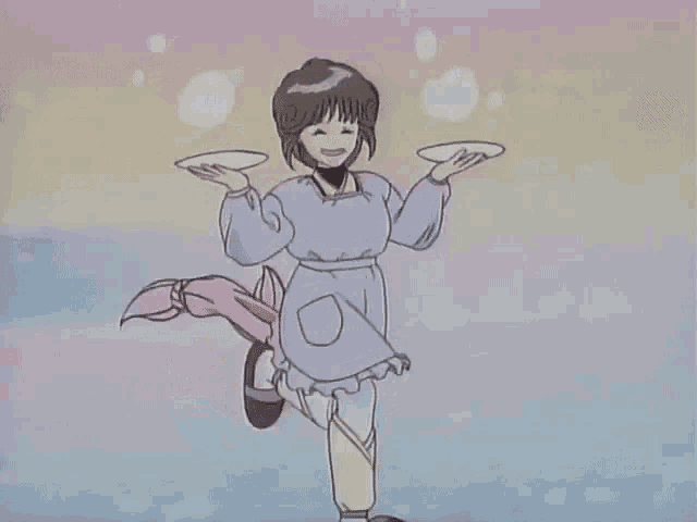a girl in a purple apron is holding two plates in her hands