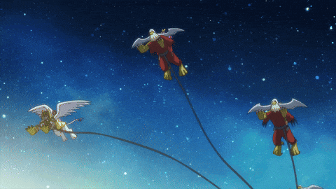 a cartoon of three eagles flying through a starry sky