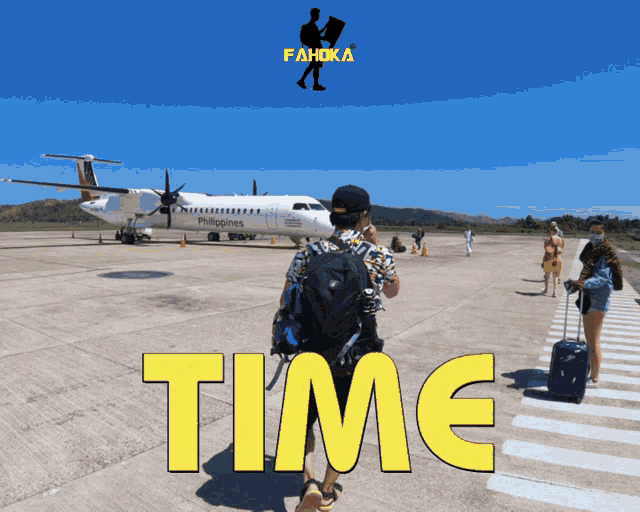 a man with a backpack is walking towards an airplane with the word time below him