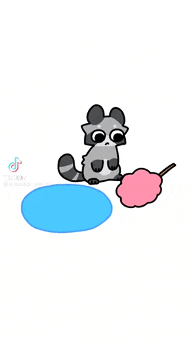 a raccoon is holding a stick of pink cotton candy next to a blue circle .