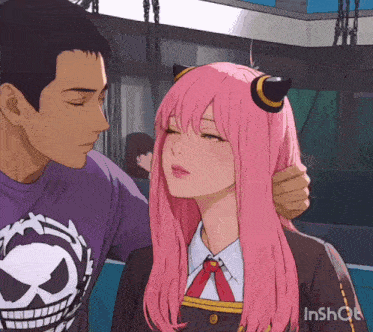 a man in a purple shirt with a skull on it is petting a woman with pink hair