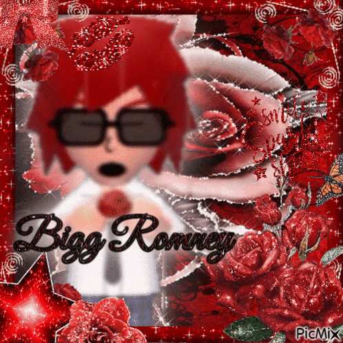 a picture of a boy with glasses and the name bigg romney on it