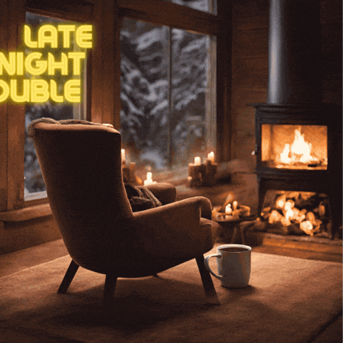a chair sits in front of a fireplace with the words late night double above it