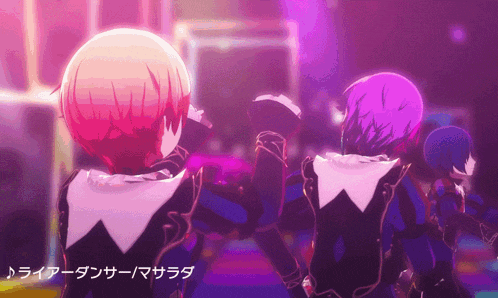a couple of anime characters are standing next to each other with a purple background