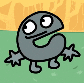 a cartoon character with a face and arms is standing on a lush green field .