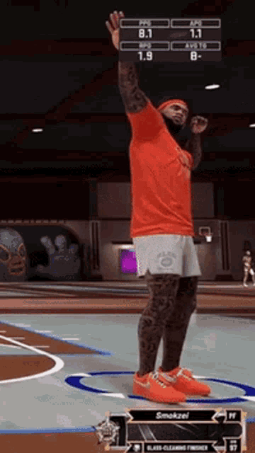 a man in an orange shirt is on a basketball court