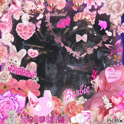 a collage of pink flowers and hearts with the word barbie in the middle
