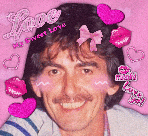 a man with a mustache is surrounded by pink hearts and says love my sweet love