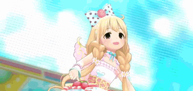 a cartoon girl in a pink dress is standing on a stage .