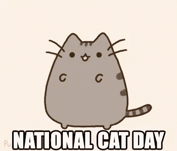 a cartoon cat is standing in front of a white background and says `` national cat day '' .